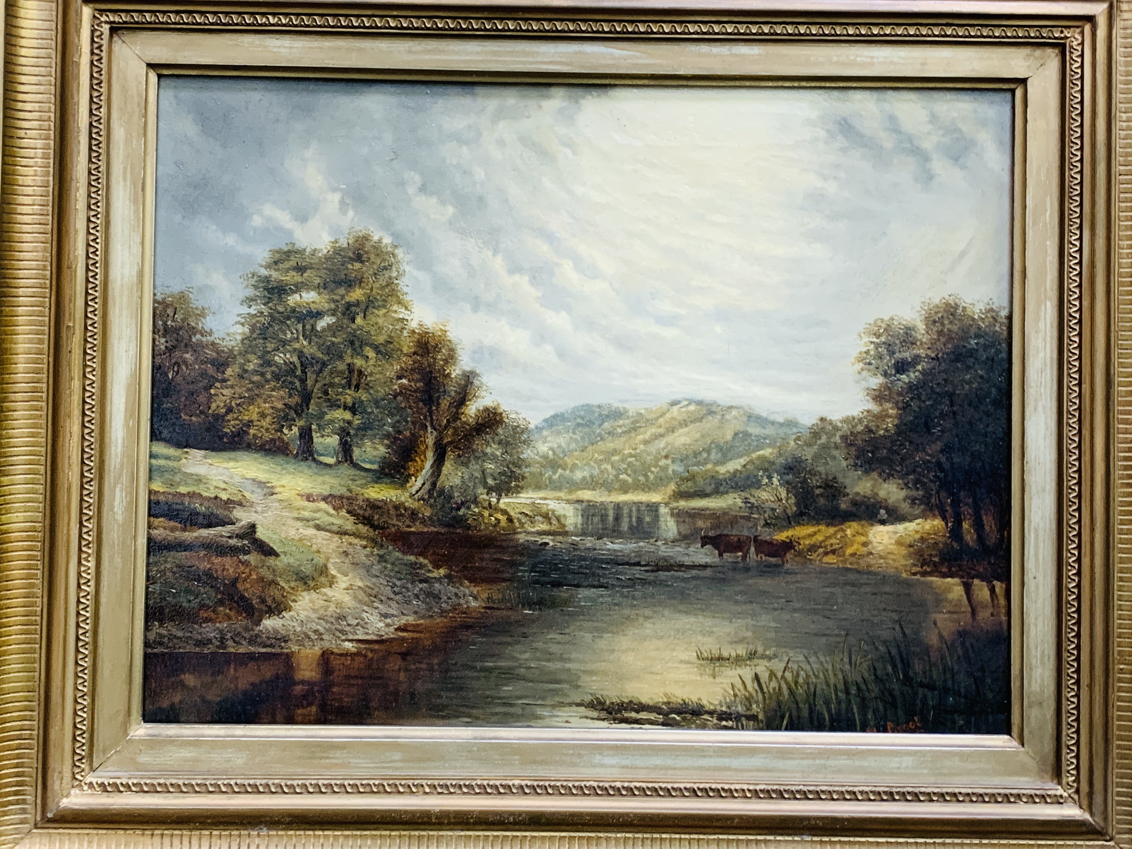 Gilt framed oil on canvas of river, trees and mountain scene with cattle - Image 5 of 6