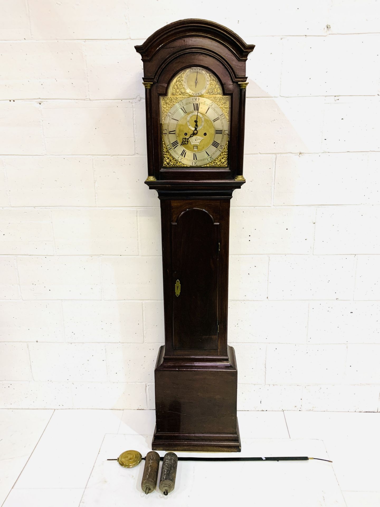 Mahogany long case clock with columned and arched hood by Jos. Leyton of Portsmouth