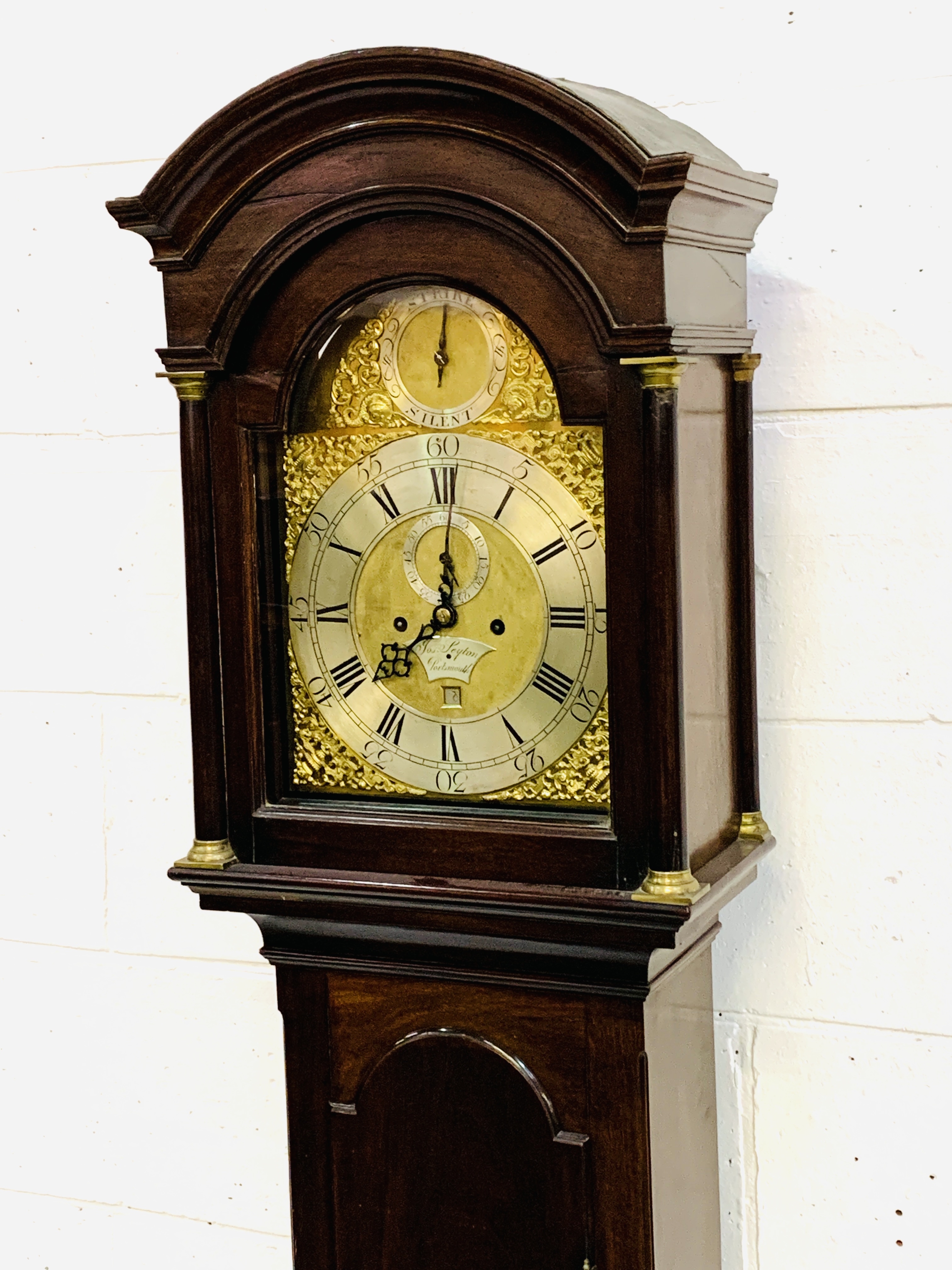 Mahogany long case clock with columned and arched hood by Jos. Leyton of Portsmouth - Image 2 of 9
