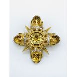 18ct yellow gold citrine and diamond Maltese cross brooch