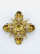 18ct yellow gold citrine and diamond Maltese cross brooch