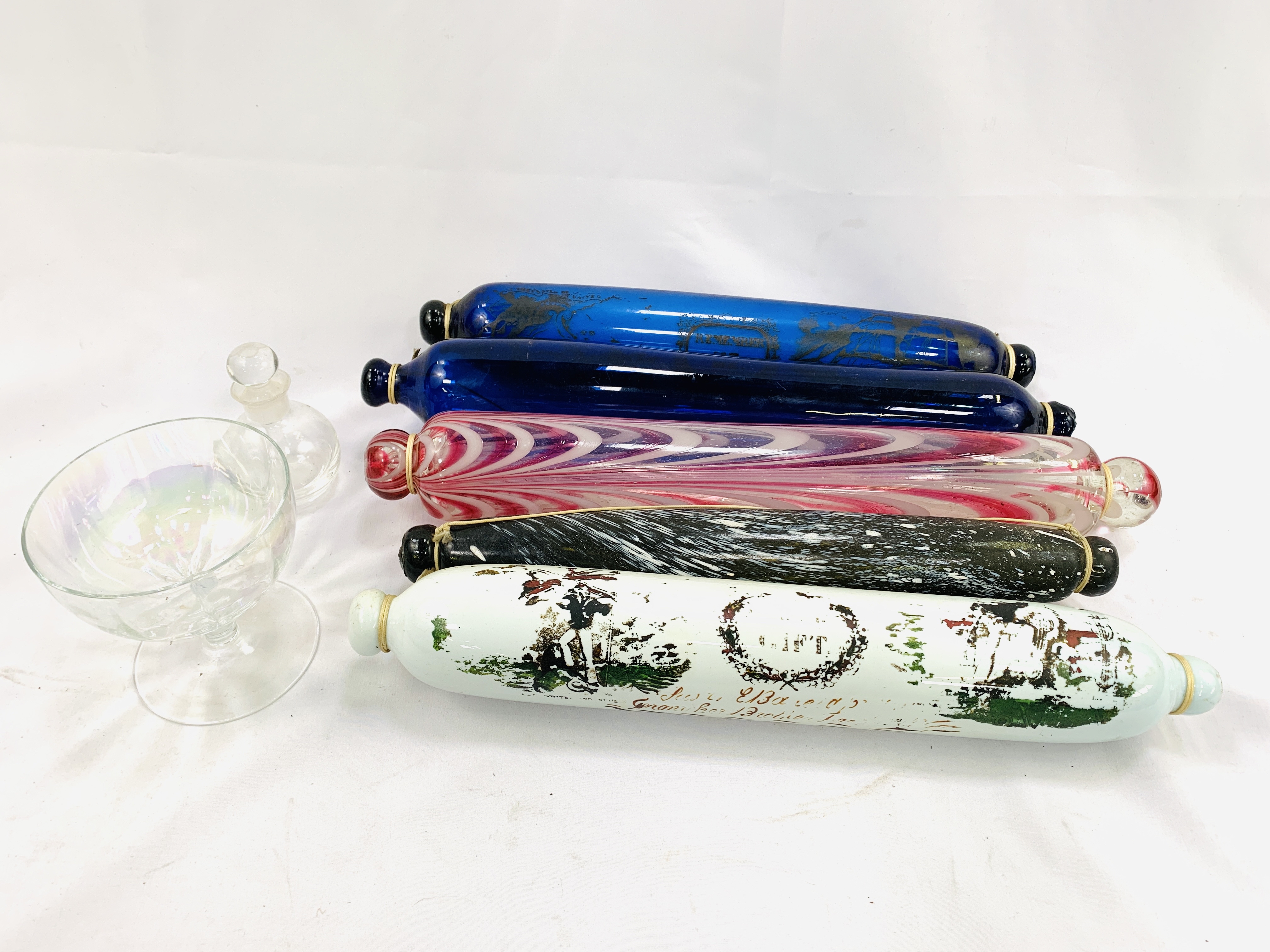 A group of 5 glass rolling pins, a lustre glass and a Wedgwood glass eau de cologne bottle - Image 3 of 3