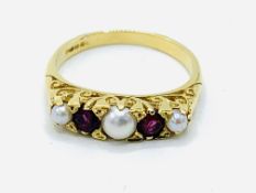 18ct yellow gold ruby and seed pearl ring.