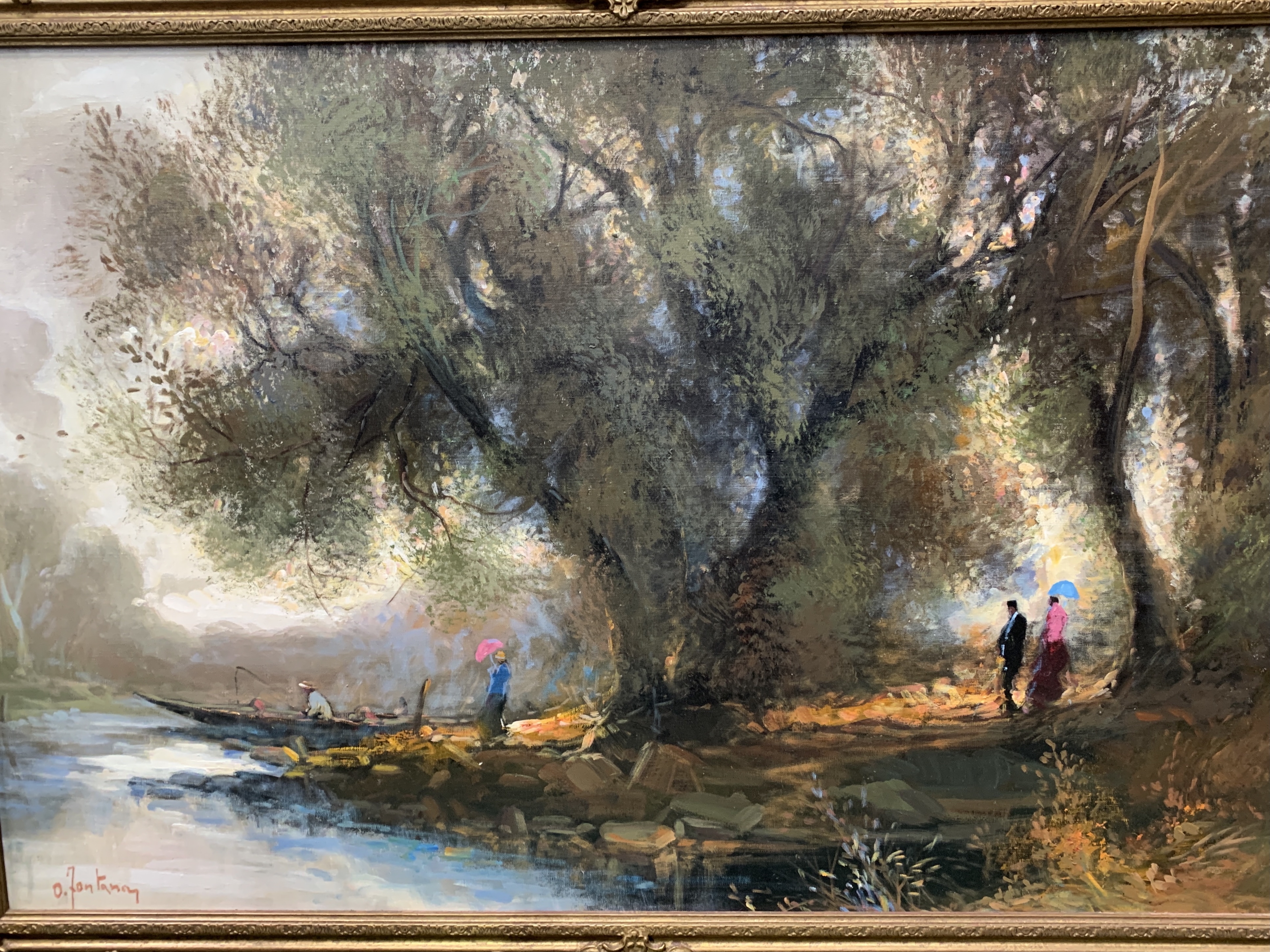 Gilt framed oil on canvas of people and trees by a river, signed O.Fontana - Image 2 of 4