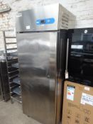 Caravelle stainless steel finish single door upright freezer.