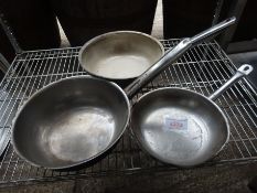 Three long handled frying pans.