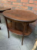 Banded inlaid mahogany oval display table together with small mahogany demi-lune table