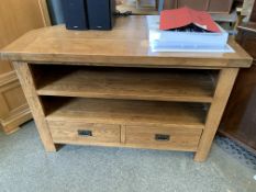 Oak corner shelf unit with two drawers beneath,