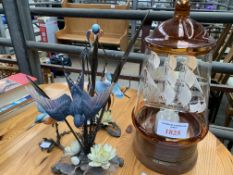 Glass sailing ship in a jar table lamp together with three Albany bird figurines