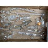 Box of assorted glassware, vails, stoppers, and bottles