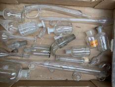 Box of assorted glassware, vails, stoppers, and bottles