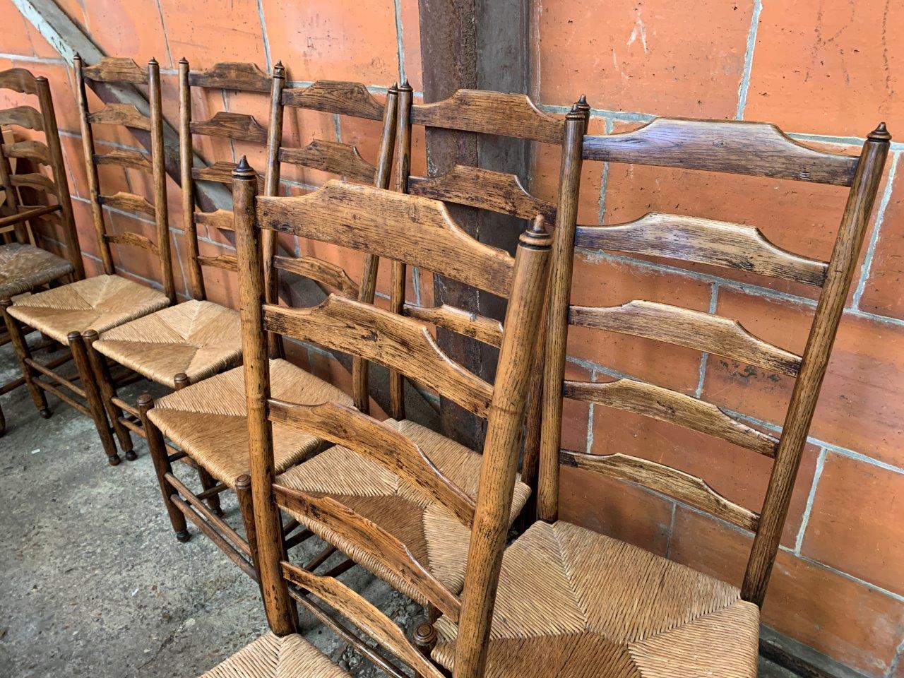 Six oak framed high ladder back chairs with string seats - Image 5 of 5