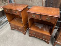 Pair of veneer cabinets with two frieze drawers over display shelf and drawer under