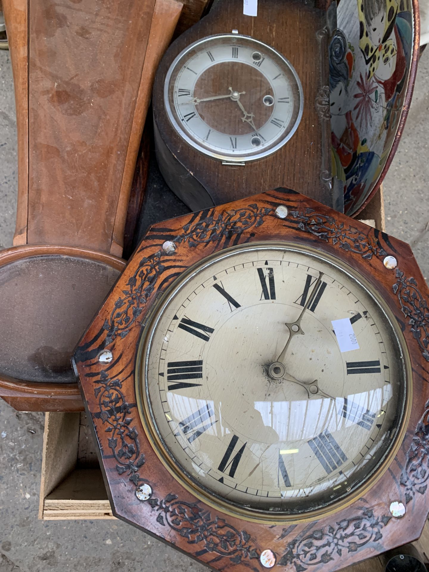 Three clocks, a quantity of clock weights and two clock cases