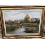 Framed and glazed watercolour of swans on a river signed Fred Miller and another