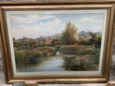 Framed and glazed watercolour of swans on a river signed Fred Miller and another