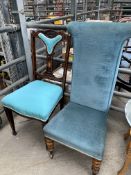 Inlaid mahogany framed Edwardian bedroom chair and a prie dieu