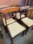 Four upholstered mahogany framed dining chairs with drop-in seats, not matching