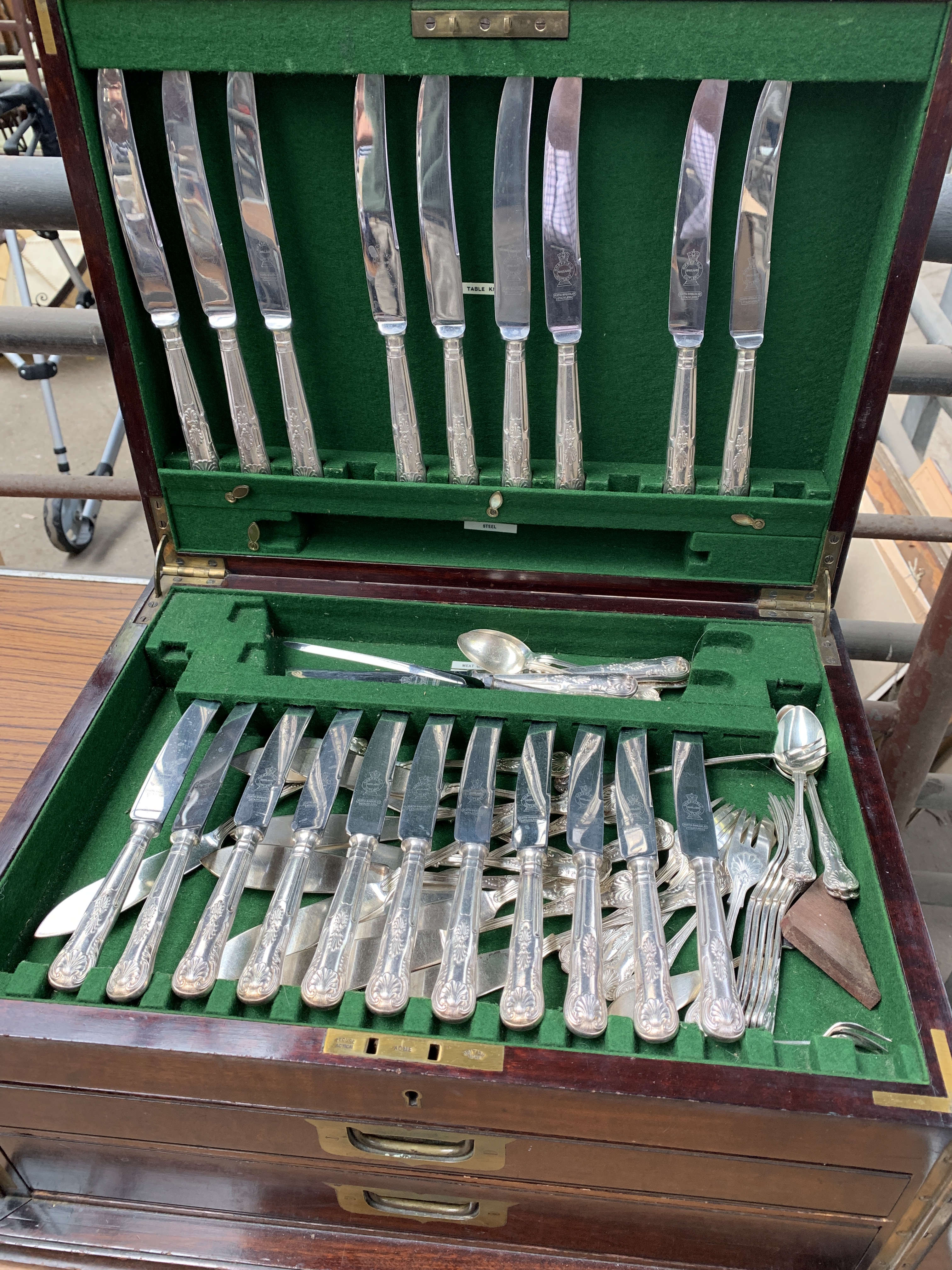 Mahogany brass bound canteen with part set of silver plate cutlery and silver plate galleried tray - Image 5 of 7