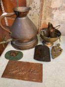 Quantity of metal ware including a repousse copper panel of a Roman chariot race, J. King, 1905