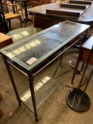 Two white metal framed glass topped side tables