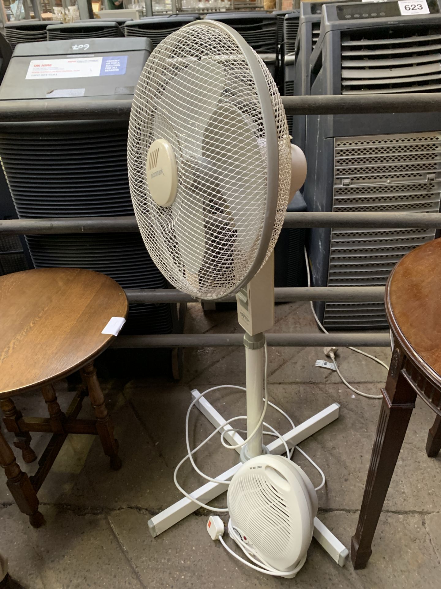 Micromark floor standing fan; together with Currys tabletop heating fan.