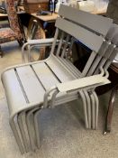 Four painted grey metal slatted stackable garden chairs