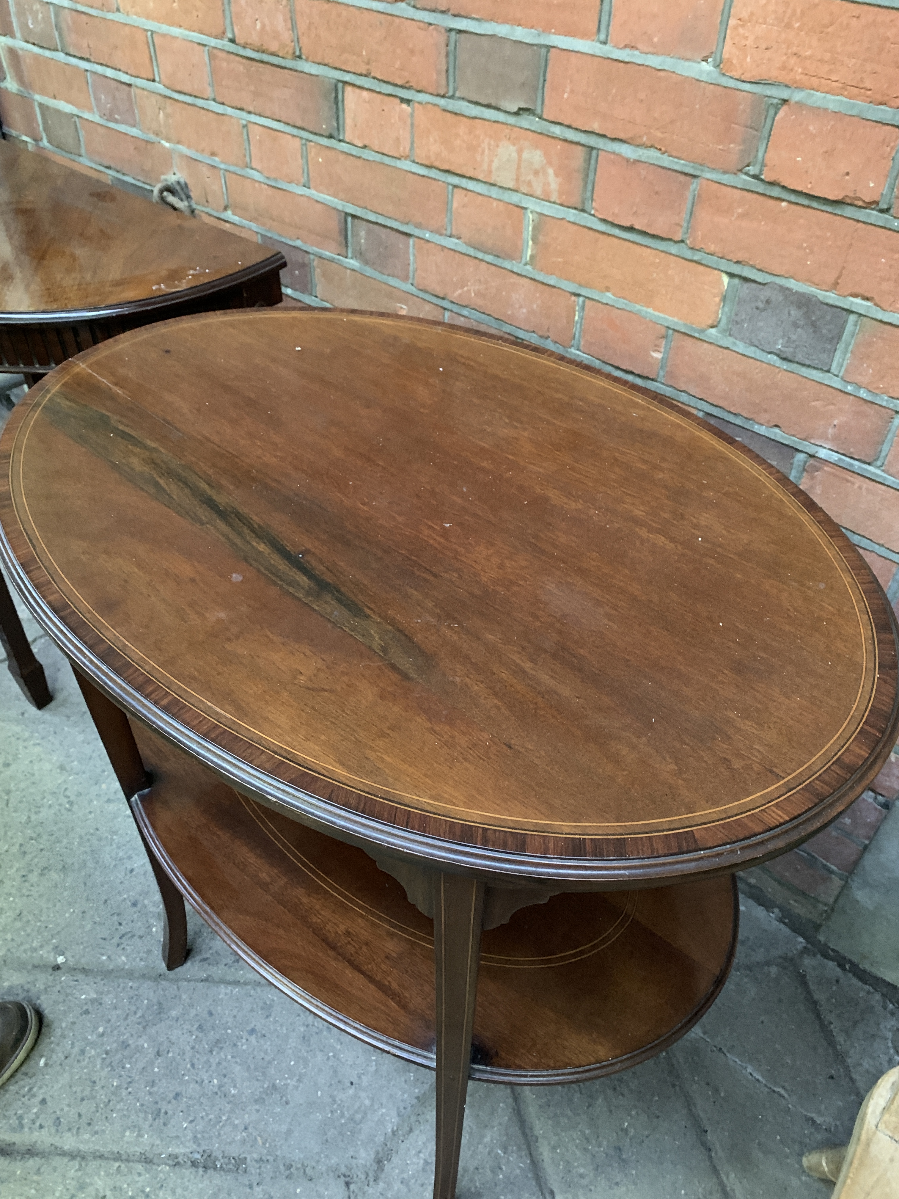 Banded inlaid mahogany oval display table together with small mahogany demi-lune table - Image 3 of 5