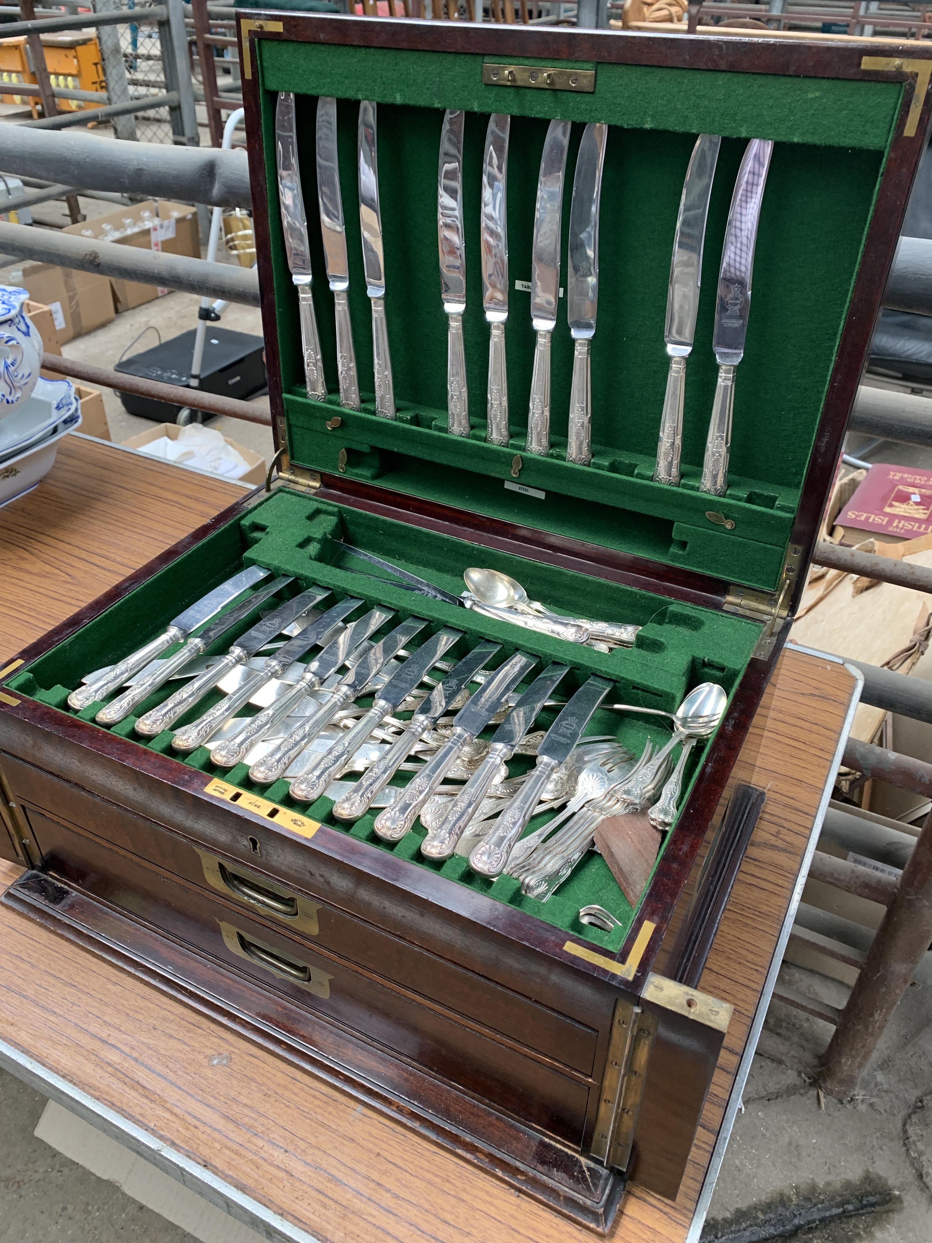 Mahogany brass bound canteen with part set of silver plate cutlery and silver plate galleried tray