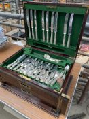 Mahogany brass bound canteen with part set of silver plate cutlery and silver plate galleried tray