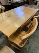 Pine refectory style kitchen table together with two pine rail back chairs