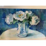 Two framed and glazed watercolours of vases of flowers by Fiona Goldbacher.