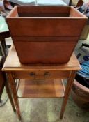 Mahogany occasional table, a mahogany sewing box and a leather covered waste paper basket