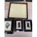 Mahogany small tray, a framed and glazed painting on silk , and two silhouettes