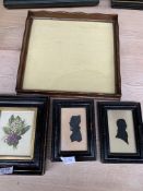 Mahogany small tray, a framed and glazed painting on silk , and two silhouettes