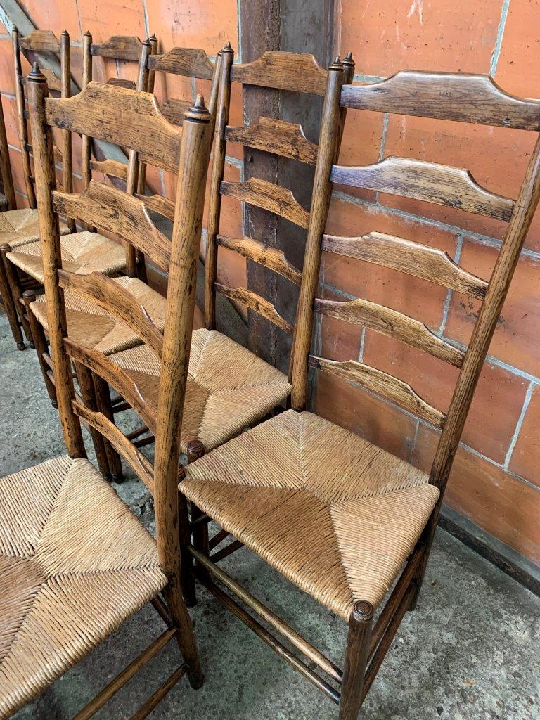 Six oak framed high ladder back chairs with string seats - Image 2 of 5