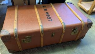 Wood banded travel trunk and another