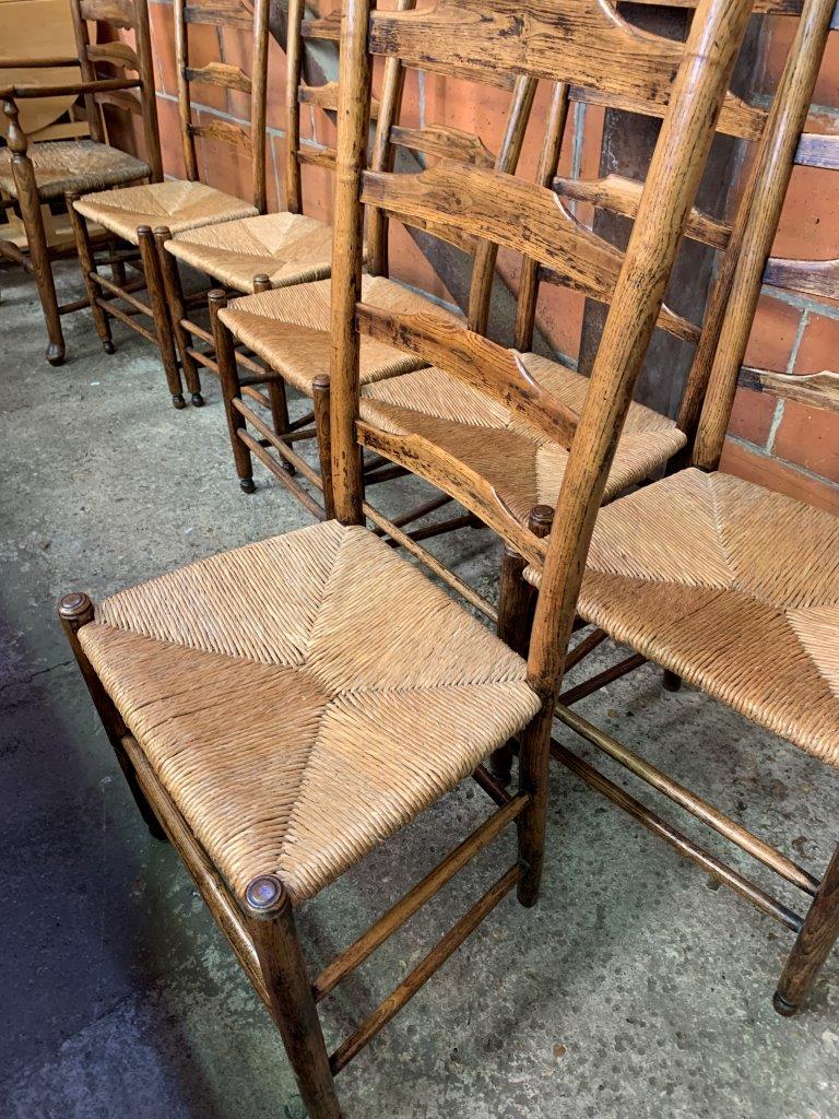 Six oak framed high ladder back chairs with string seats - Image 4 of 5