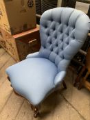 Blue button back upholstered spoon back chair