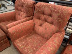 2 armchairs and an ottoman upholstered in dark red; together with a pair of dining chairs