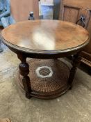 Burr mahogany veneer circular occasional table with cane undershelf