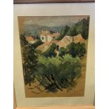 A framed and glazed watercolour of houses in a landscape signed Paradow