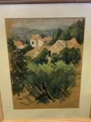 A framed and glazed watercolour of houses in a landscape signed Paradow