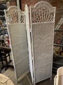 Three fold white painted woven wicker screen