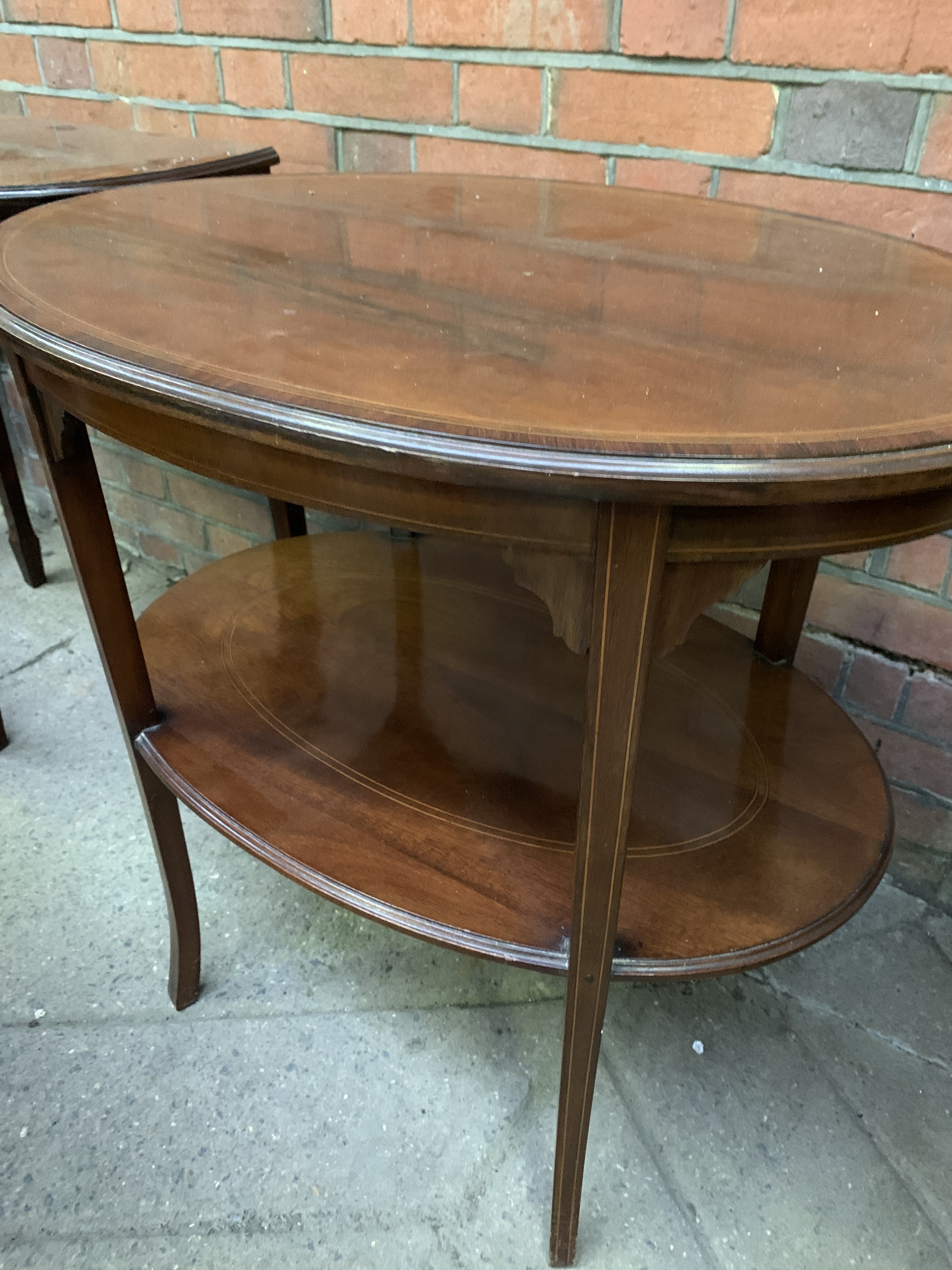 Banded inlaid mahogany oval display table together with small mahogany demi-lune table - Image 4 of 5