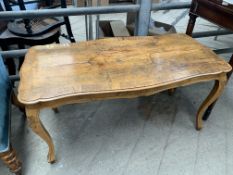 Walnut veneer shaped sided coffee table, mirror and tray