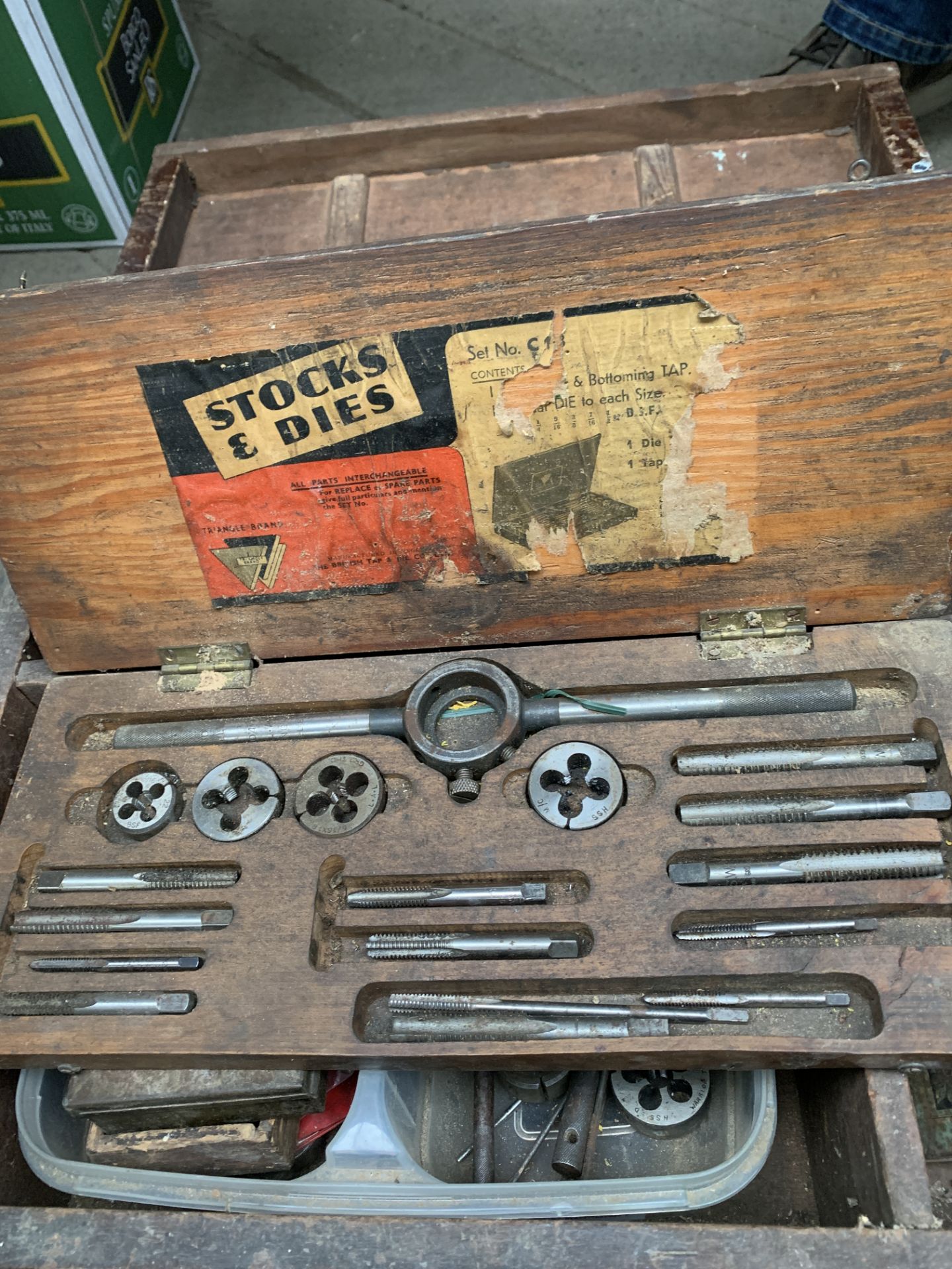 Wooden box of taps and dies and other items