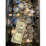 Black metal box containing a large quantity of GB and foreign coins