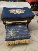 Mahogany X frame upholstered stool and an upholstered footstool