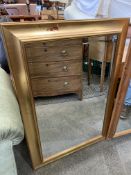 Gilt framed bevelled edge wall mirror together with two pine framed wall mirrors